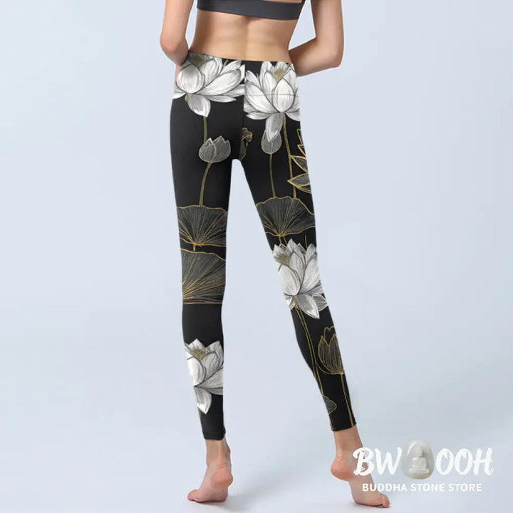 BWOOOH lotus print yoga leggings - White Golden Lotus Leaves Print Gym Legg