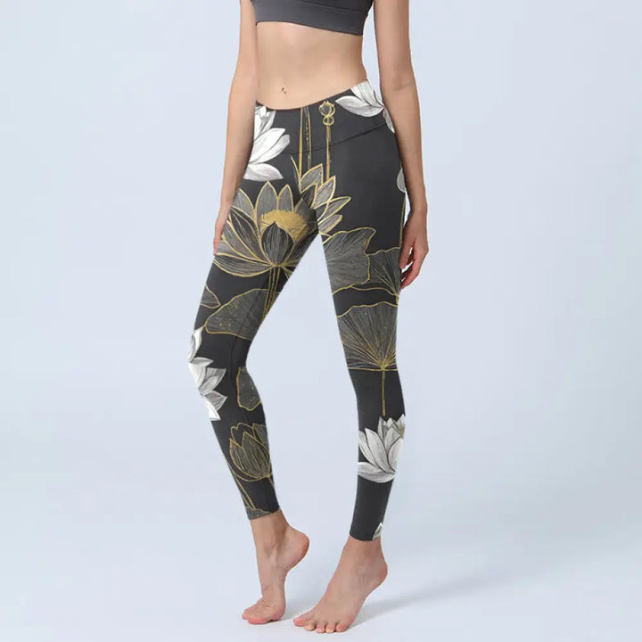 BWOOOH lotus print yoga leggings - White Golden Lotus Leaves Print Gym Legg