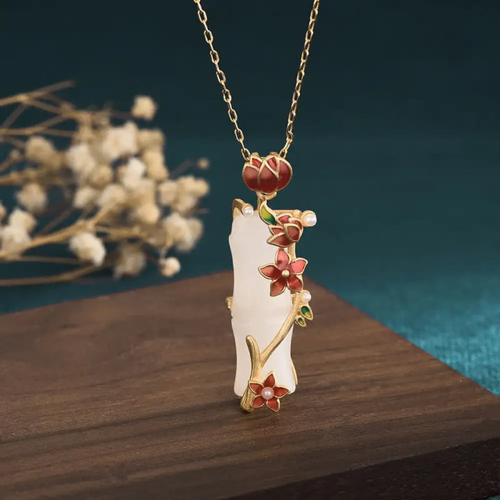 BWOOOH white jade bamboo lotus flowers luck protection necklace pendant — natural stone jade necklace for spiritual protection and clarity