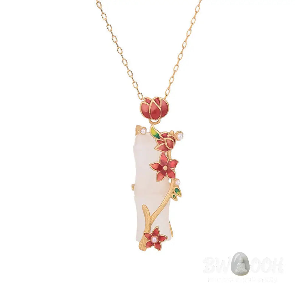 Buddha Stones White Jade Bamboo Lotus Flowers Luck Protection Necklace Pendant - BWOOOH - White