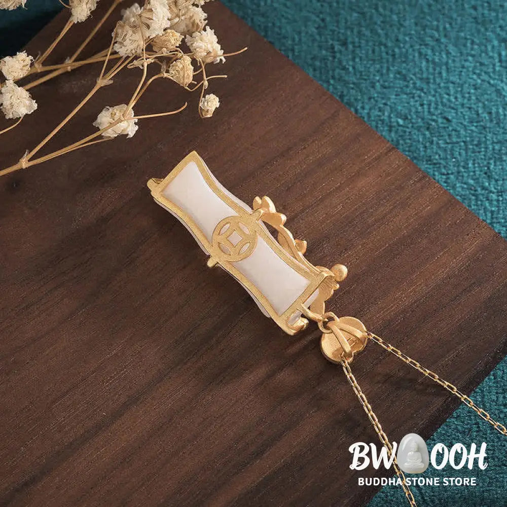 Buddha Stones White Jade Bamboo Lotus Flowers Luck Protection Necklace Pendant - BWOOOH - White