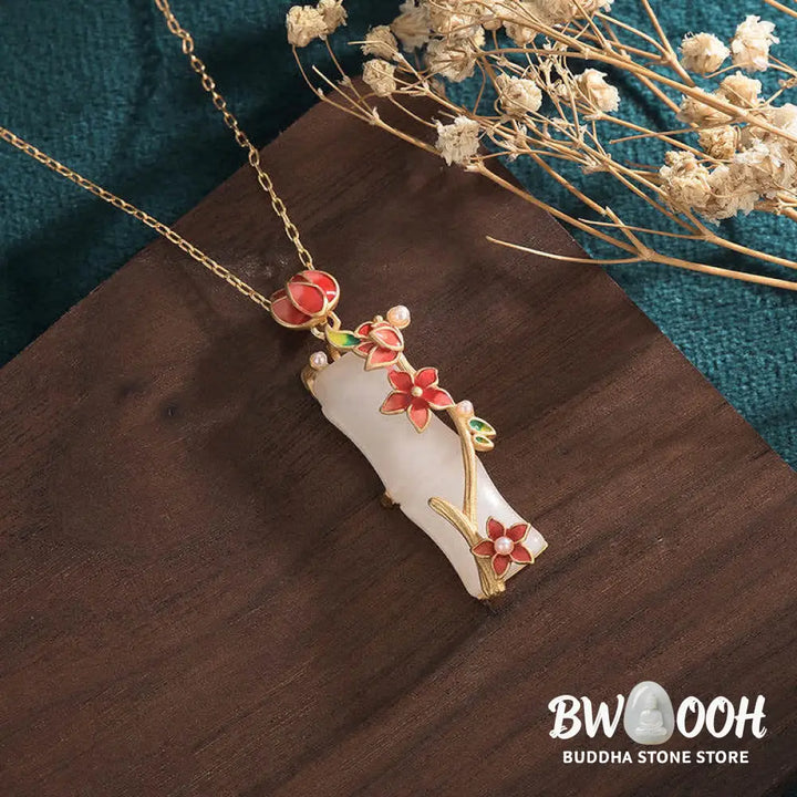 Buddha Stones White Jade Bamboo Lotus Flowers Luck Protection Necklace Pendant - BWOOOH - White
