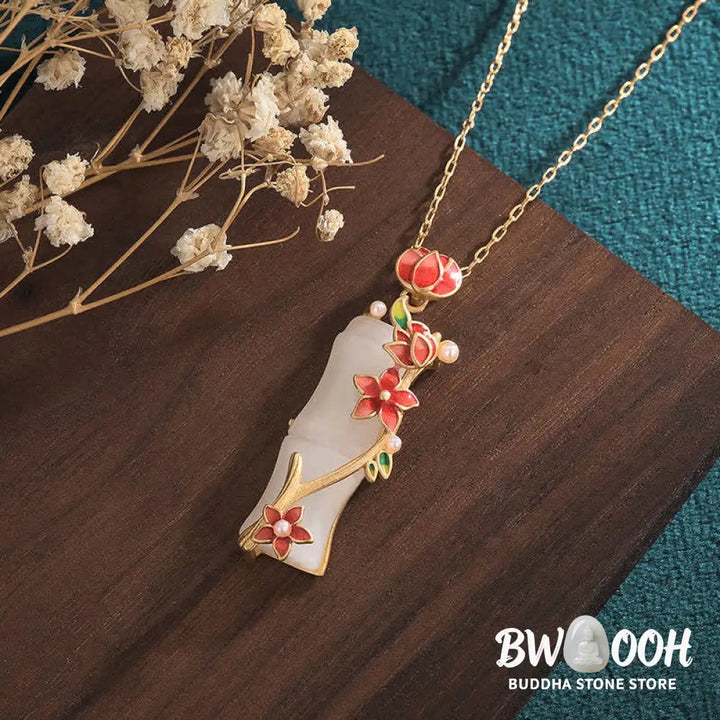 Buddha Stones White Jade Bamboo Lotus Flowers Luck Protection Necklace Pendant - BWOOOH - White