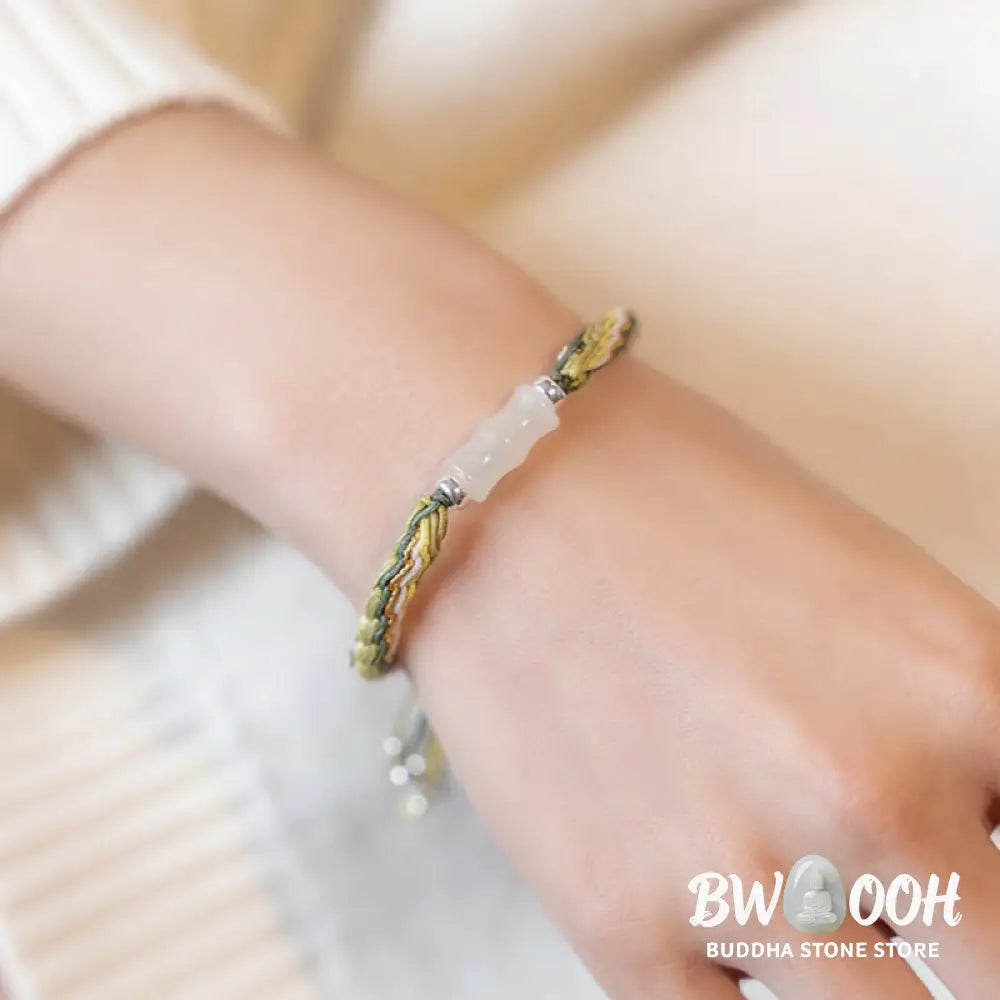 Buddha Stones White Jade Bamboo Reincarnation Knot Wealth Luck Strength String Bracelet - BWOOOH - Bracelet