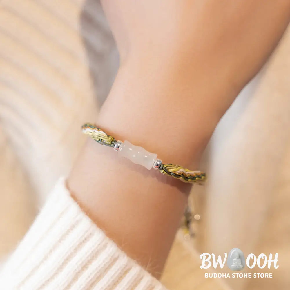 Buddha Stones White Jade Bamboo Reincarnation Knot Wealth Luck Strength String Bracelet - BWOOOH - Bracelet