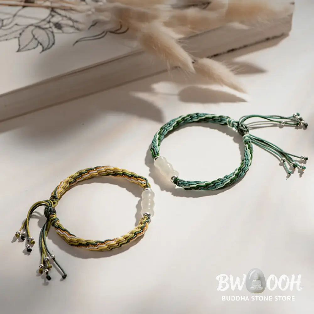 Buddha Stones White Jade Bamboo Reincarnation Knot Wealth Luck Strength String Bracelet - BWOOOH - Bracelet