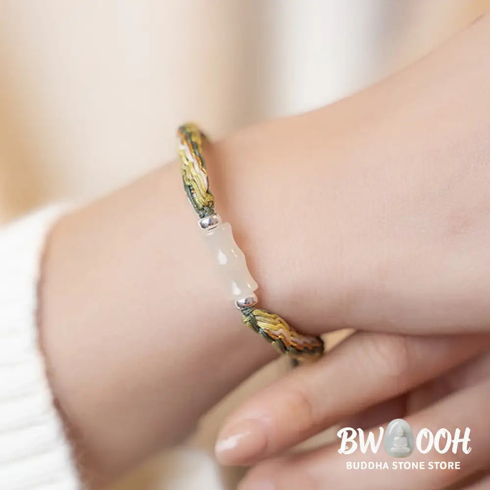 Buddha Stones White Jade Bamboo Reincarnation Knot Wealth Luck Strength String Bracelet - BWOOOH - Bracelet
