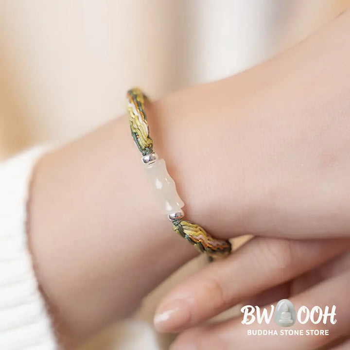 Buddha Stones White Jade Bamboo Reincarnation Knot Wealth Luck Strength String Bracelet - BWOOOH - Bracelet