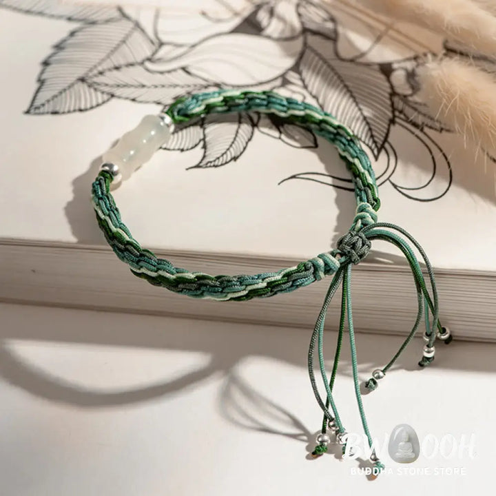 Buddha Stones White Jade Bamboo Reincarnation Knot Wealth Luck Strength String Bracelet - BWOOOH - Bracelet