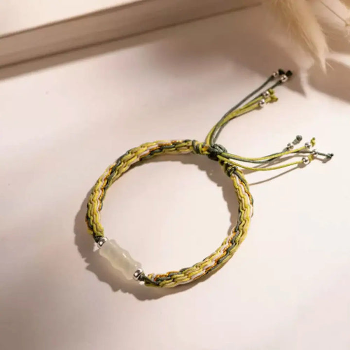 Buddha Stones White Jade Bamboo Reincarnation Knot Wealth Luck Strength String Bracelet - BWOOOH - Yellow&amp;Dark