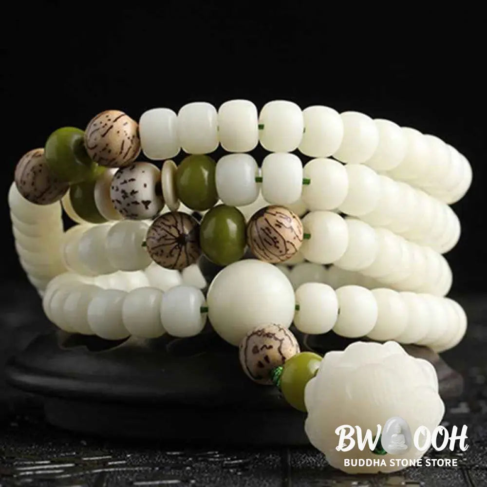 BWOOOH White Jade Bodhi Lotus Mala Harmony Necklace Bracelet with 108 naturally pale Bodhi seeds and a delicate lotus pendant, embodying purity and spiritual awakening for meditation and daily wear. - View 13