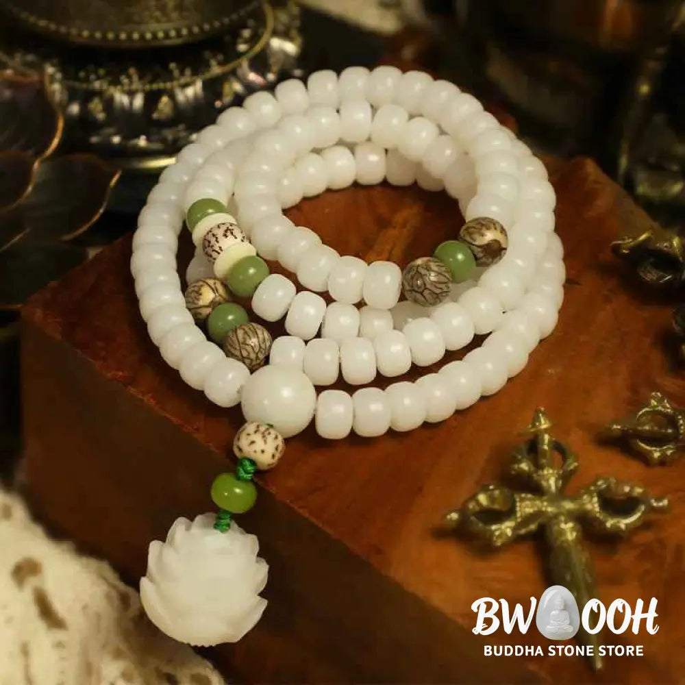 BWOOOH White Jade Bodhi Lotus Mala Harmony Necklace Bracelet with 108 naturally pale Bodhi seeds and a delicate lotus pendant, embodying purity and spiritual awakening for meditation and daily wear. - View 2