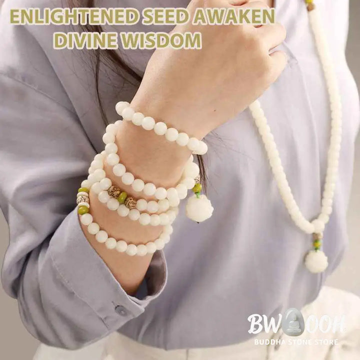BWOOOH White Jade Bodhi Lotus Mala Harmony Necklace Bracelet with 108 naturally pale Bodhi seeds and a delicate lotus pendant, embodying purity and spiritual awakening for meditation and daily wear. - View 16