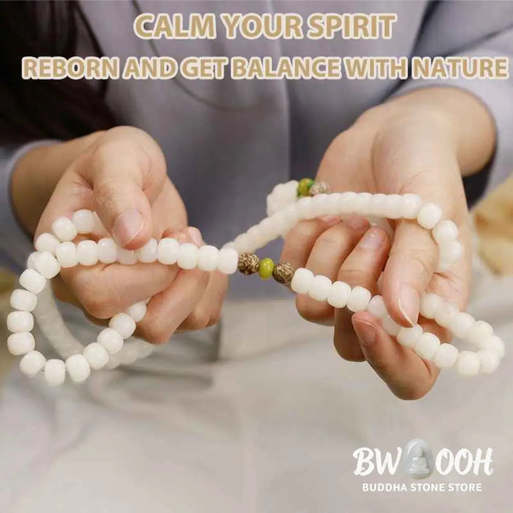 BWOOOH White Jade Bodhi Lotus Mala Harmony Necklace Bracelet with 108 naturally pale Bodhi seeds and a delicate lotus pendant, embodying purity and spiritual awakening for meditation and daily wear. - View 15