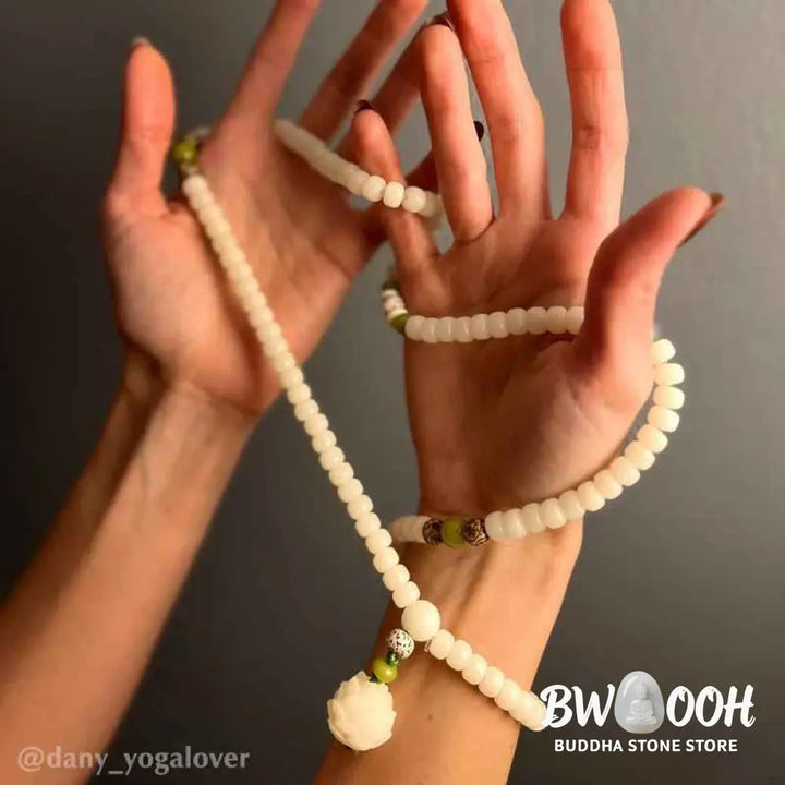 BWOOOH White Jade Bodhi Lotus Mala Harmony Necklace Bracelet with 108 naturally pale Bodhi seeds and a delicate lotus pendant, embodying purity and spiritual awakening for meditation and daily wear. - View 20