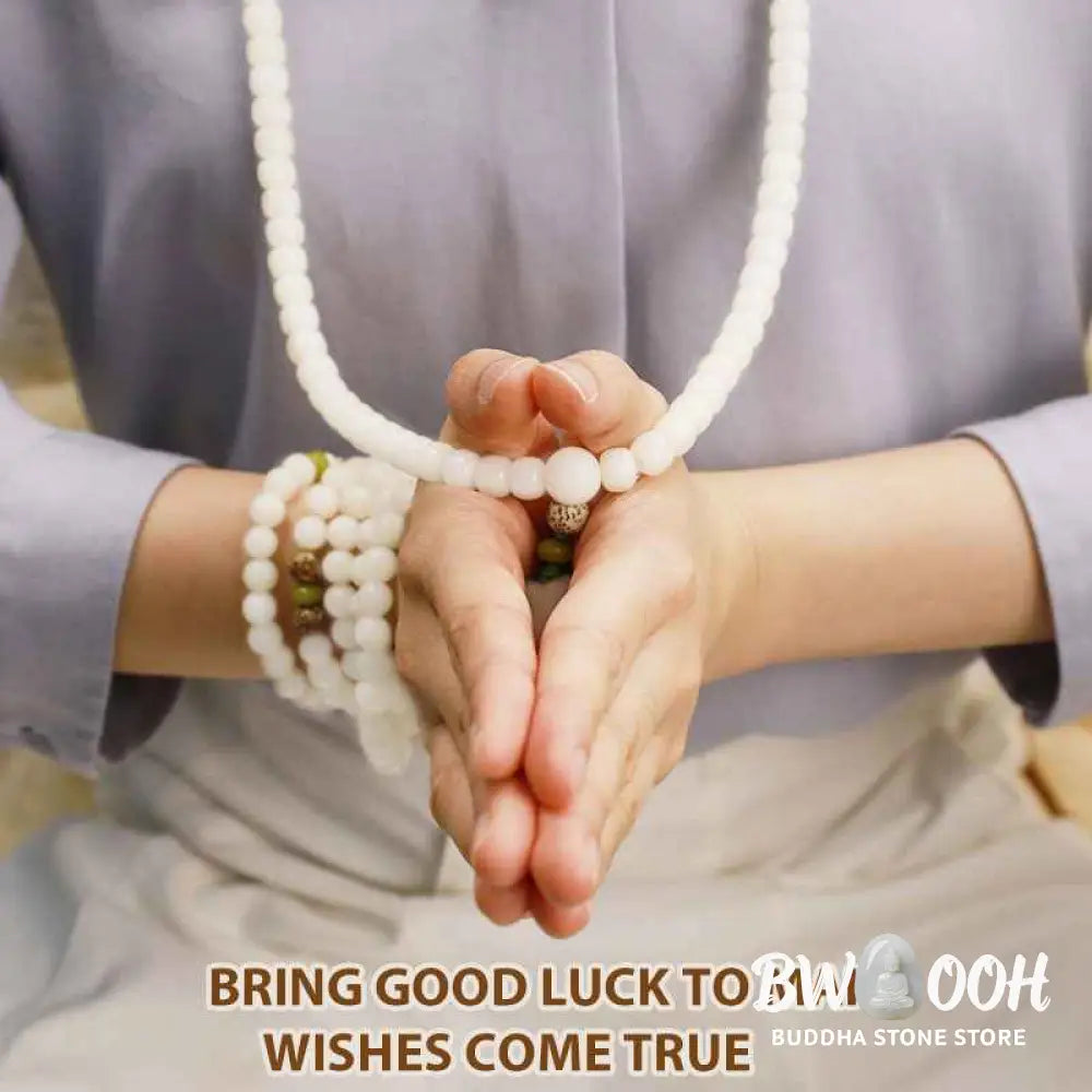 BWOOOH White Jade Bodhi Lotus Mala Harmony Necklace Bracelet with 108 naturally pale Bodhi seeds and a delicate lotus pendant, embodying purity and spiritual awakening for meditation and daily wear. - View 17