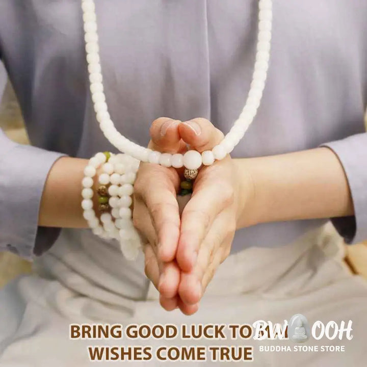 BWOOOH White Jade Bodhi Lotus Mala Harmony Necklace Bracelet with 108 naturally pale Bodhi seeds and a delicate lotus pendant, embodying purity and spiritual awakening for meditation and daily wear. - View 17