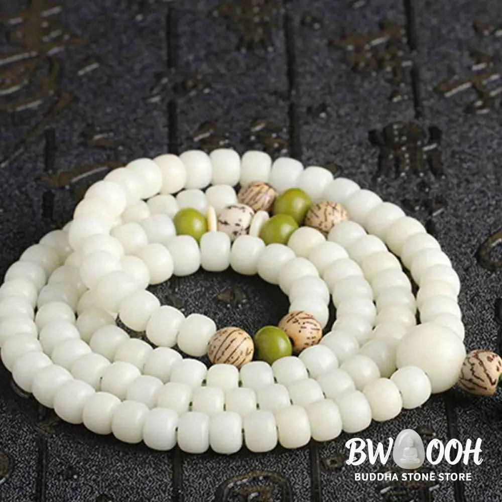BWOOOH White Jade Bodhi Lotus Mala Harmony Necklace Bracelet with 108 naturally pale Bodhi seeds and a delicate lotus pendant, embodying purity and spiritual awakening for meditation and daily wear. - View 14