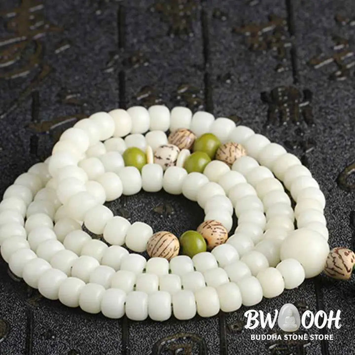BWOOOH White Jade Bodhi Lotus Mala Harmony Necklace Bracelet with 108 naturally pale Bodhi seeds and a delicate lotus pendant, embodying purity and spiritual awakening for meditation and daily wear. - View 14