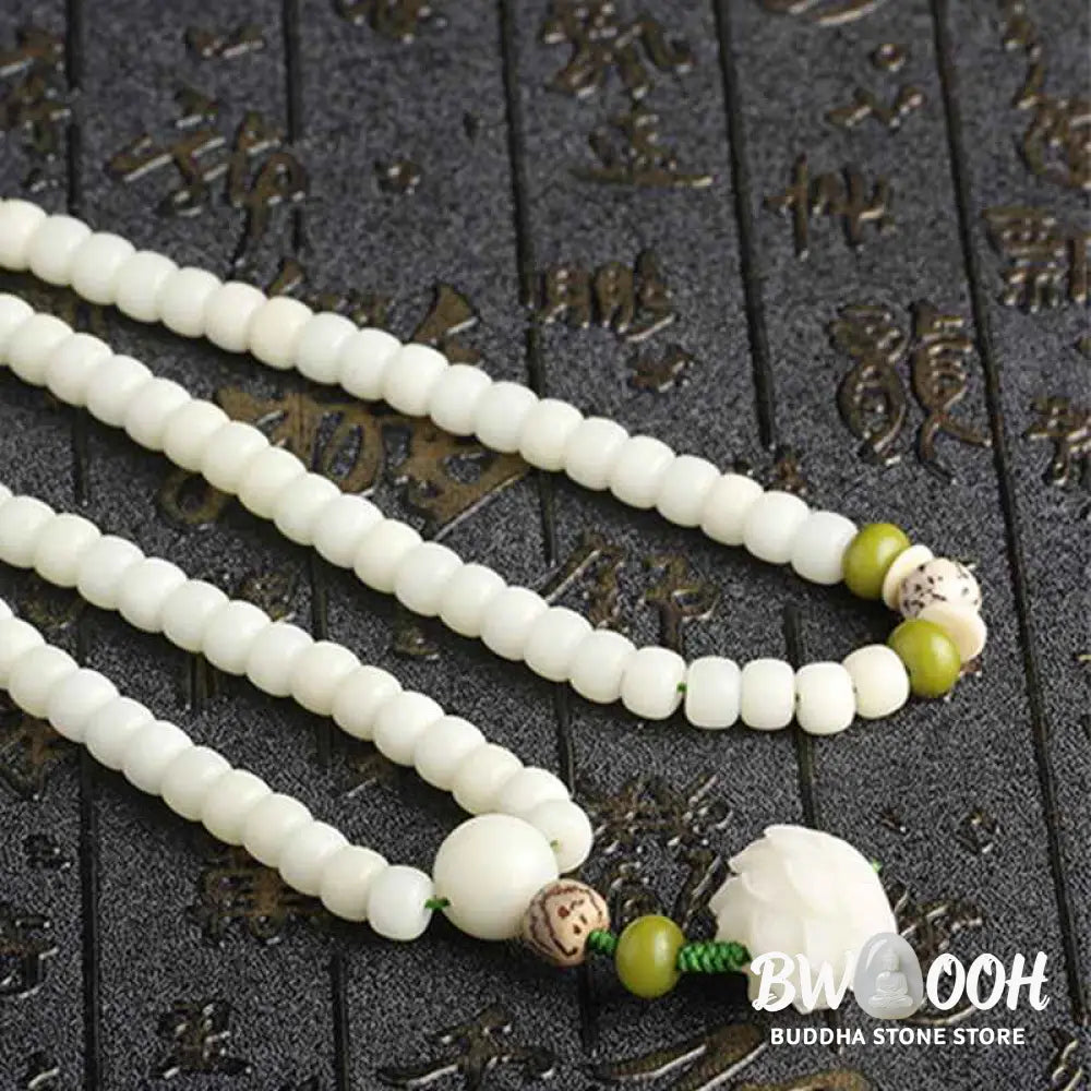 BWOOOH White Jade Bodhi Lotus Mala Harmony Necklace Bracelet with 108 naturally pale Bodhi seeds and a delicate lotus pendant, embodying purity and spiritual awakening for meditation and daily wear. - View 19