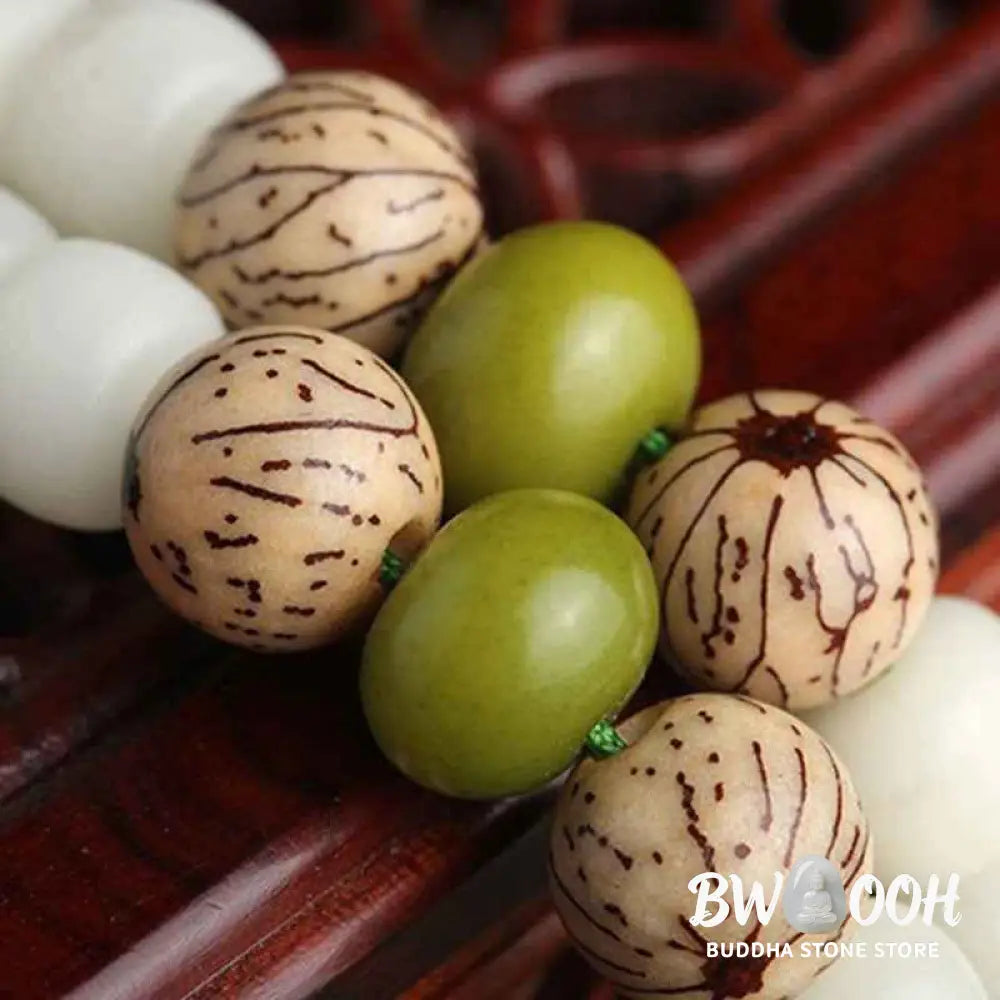 BWOOOH White Jade Bodhi Lotus Mala Harmony Necklace Bracelet with 108 naturally pale Bodhi seeds and a delicate lotus pendant, embodying purity and spiritual awakening for meditation and daily wear. - View 12