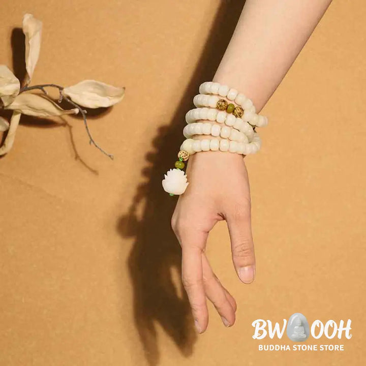 BWOOOH White Jade Bodhi Lotus Mala Harmony Necklace Bracelet with 108 naturally pale Bodhi seeds and a delicate lotus pendant, embodying purity and spiritual awakening for meditation and daily wear. - View 6