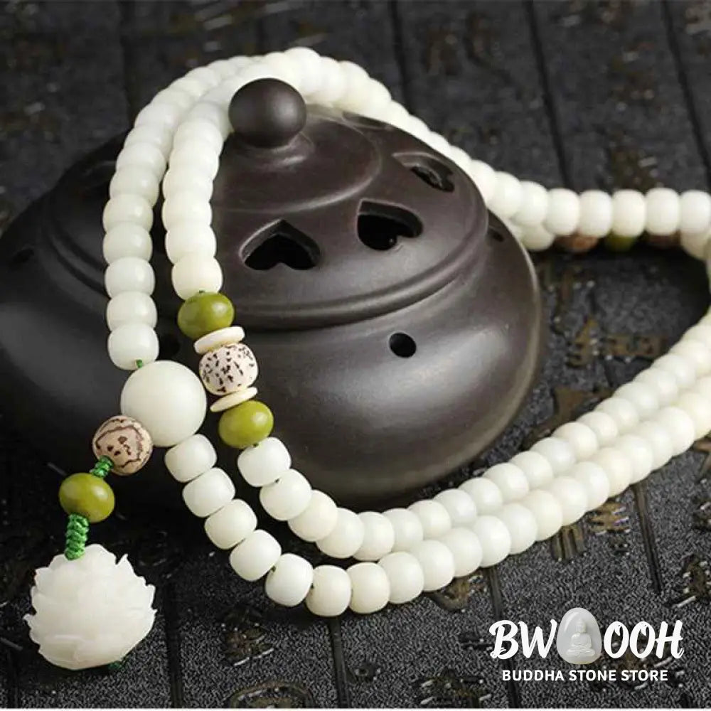 BWOOOH White Jade Bodhi Lotus Mala Harmony Necklace Bracelet with 108 naturally pale Bodhi seeds and a delicate lotus pendant, embodying purity and spiritual awakening for meditation and daily wear. - View 22