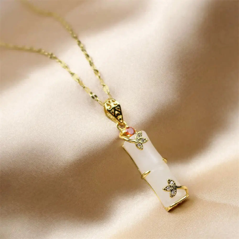 BWOOOH White Jade Cyan Jade Bamboo Luck Protection Necklace Pendant. Unisex spiritual wellness jewelry featuring natural cyan and white jade beads, titanium steel, and a bamboo motif. - View 10