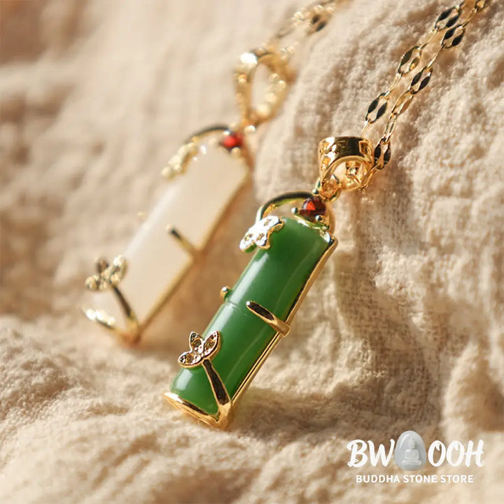 BWOOOH White Jade Cyan Jade Bamboo Luck Protection Necklace Pendant. Unisex spiritual wellness jewelry featuring natural cyan and white jade beads, titanium steel, and a bamboo motif. - View 2