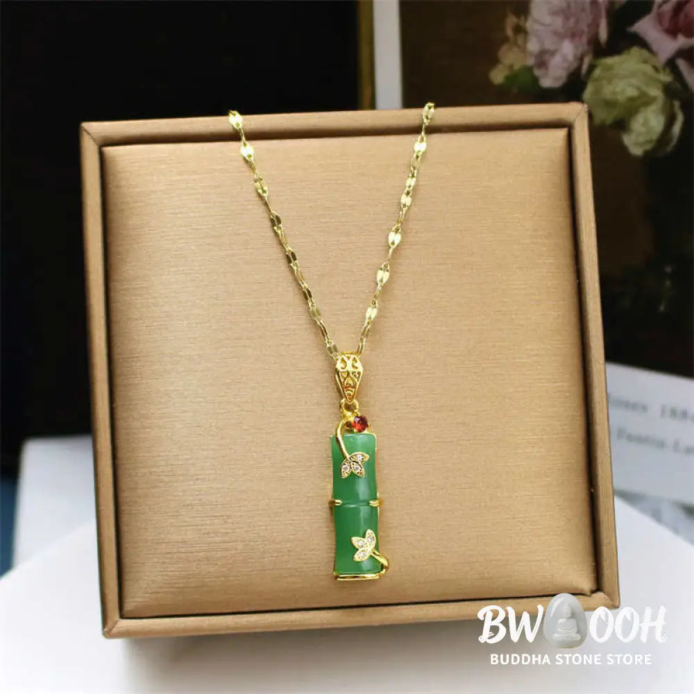 BWOOOH White Jade Cyan Jade Bamboo Luck Protection Necklace Pendant. Unisex spiritual wellness jewelry featuring natural cyan and white jade beads, titanium steel, and a bamboo motif. - View 9