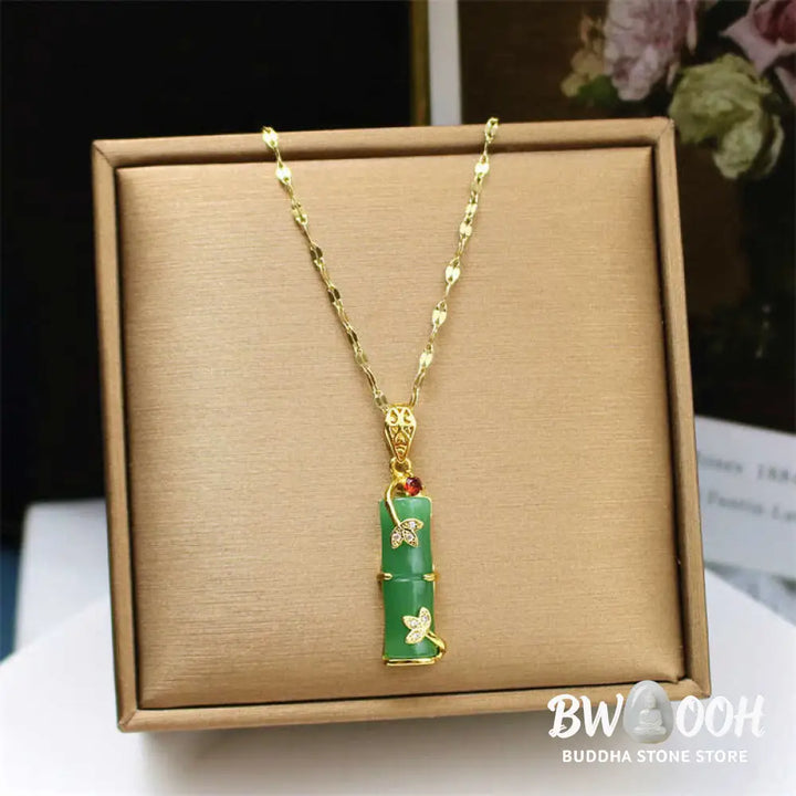 BWOOOH White Jade Cyan Jade Bamboo Luck Protection Necklace Pendant. Unisex spiritual wellness jewelry featuring natural cyan and white jade beads, titanium steel, and a bamboo motif. - View 9