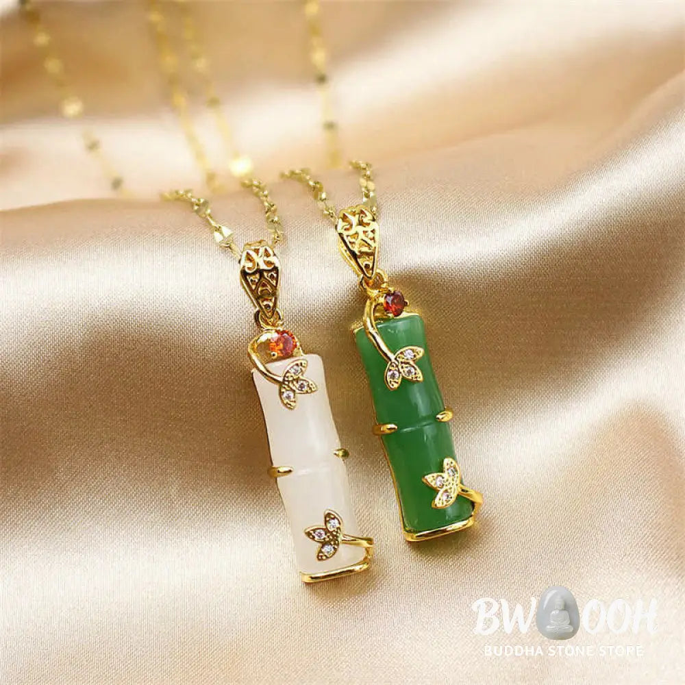 BWOOOH White Jade Cyan Jade Bamboo Luck Protection Necklace Pendant. Unisex spiritual wellness jewelry featuring natural cyan and white jade beads, titanium steel, and a bamboo motif. - View 5