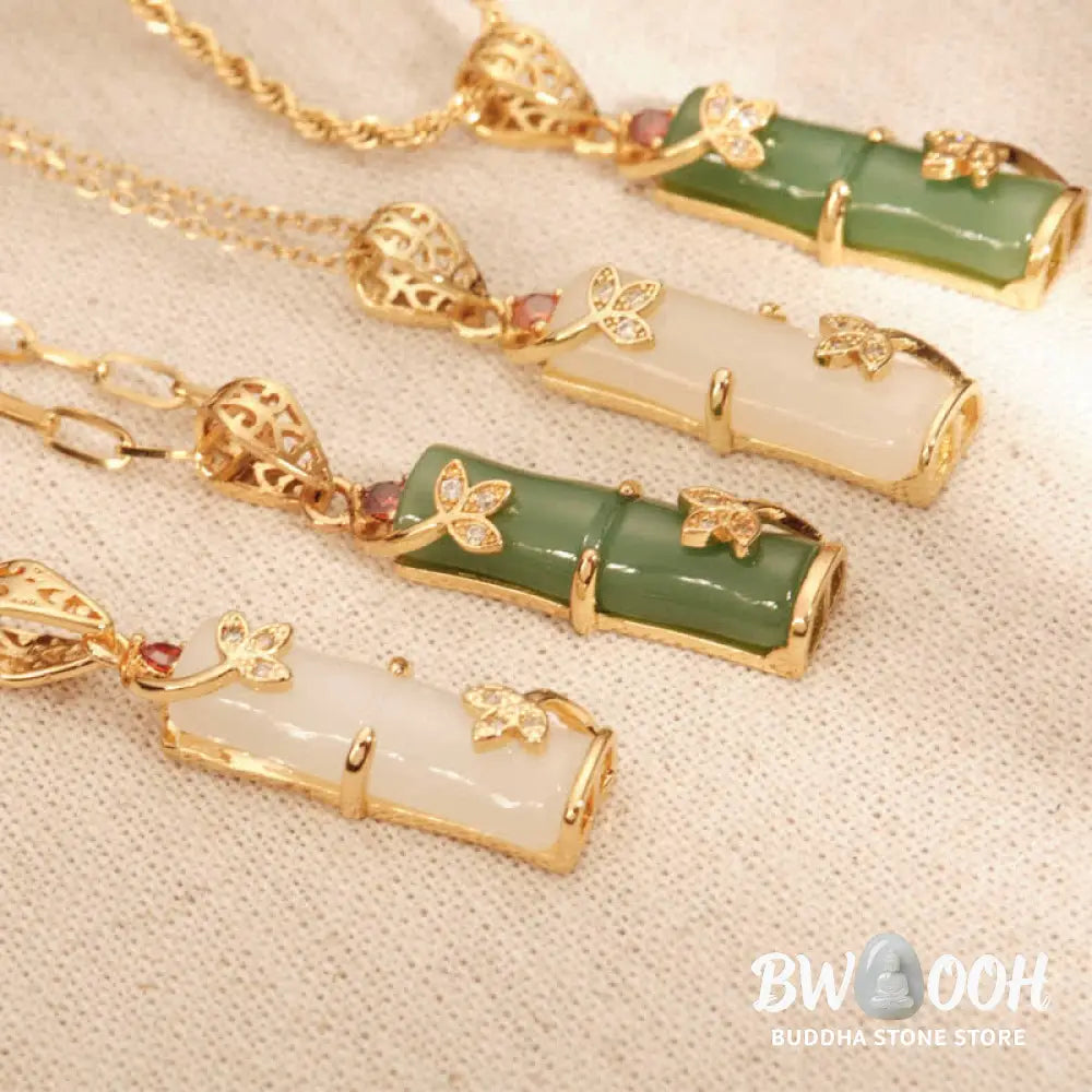 BWOOOH White Jade Cyan Jade Bamboo Luck Protection Necklace Pendant. Unisex spiritual wellness jewelry featuring natural cyan and white jade beads, titanium steel, and a bamboo motif. - View 4