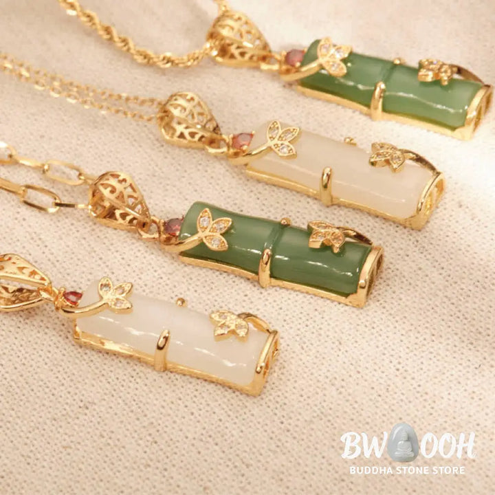 BWOOOH White Jade Cyan Jade Bamboo Luck Protection Necklace Pendant. Unisex spiritual wellness jewelry featuring natural cyan and white jade beads, titanium steel, and a bamboo motif. - View 4