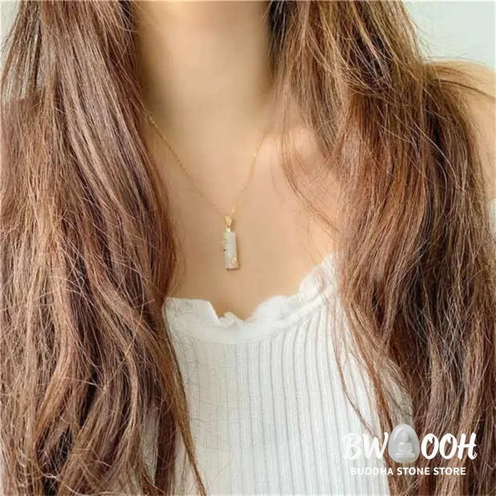 BWOOOH White Jade Cyan Jade Bamboo Luck Protection Necklace Pendant. Unisex spiritual wellness jewelry featuring natural cyan and white jade beads, titanium steel, and a bamboo motif. - View 12