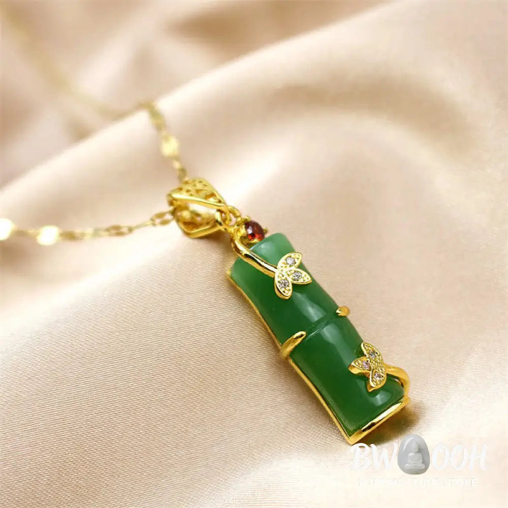 BWOOOH White Jade Cyan Jade Bamboo Luck Protection Necklace Pendant. Unisex spiritual wellness jewelry featuring natural cyan and white jade beads, titanium steel, and a bamboo motif. - View 8