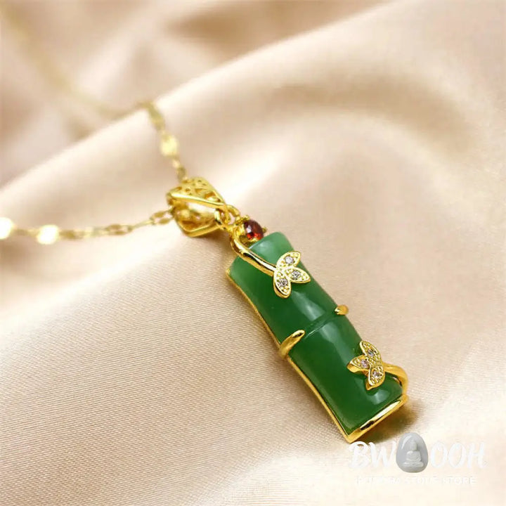 BWOOOH White Jade Cyan Jade Bamboo Luck Protection Necklace Pendant. Unisex spiritual wellness jewelry featuring natural cyan and white jade beads, titanium steel, and a bamboo motif. - View 8