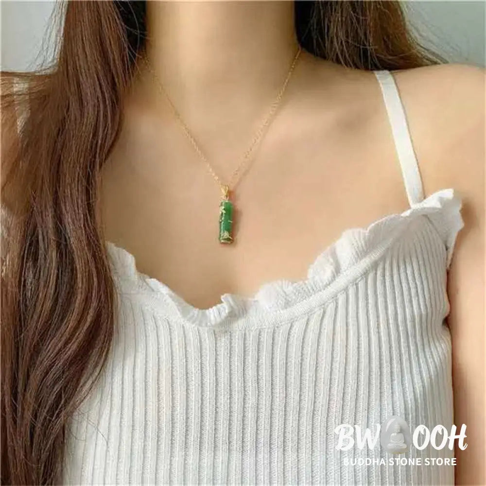 BWOOOH White Jade Cyan Jade Bamboo Luck Protection Necklace Pendant. Unisex spiritual wellness jewelry featuring natural cyan and white jade beads, titanium steel, and a bamboo motif. - View 7