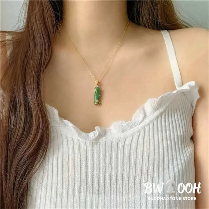 BWOOOH White Jade Cyan Jade Bamboo Luck Protection Necklace Pendant. Unisex spiritual wellness jewelry featuring natural cyan and white jade beads, titanium steel, and a bamboo motif. - View 7