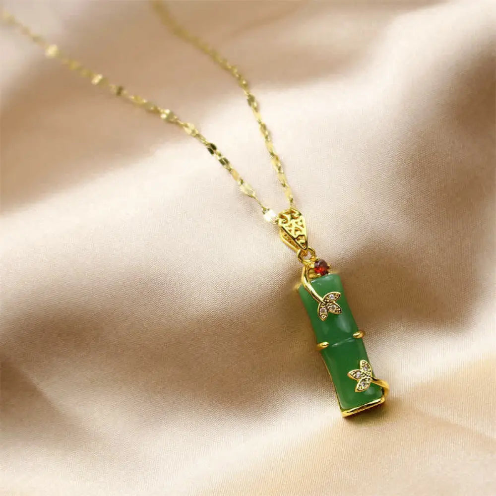 BWOOOH White Jade Cyan Jade Bamboo Luck Protection Necklace Pendant. Unisex spiritual wellness jewelry featuring natural cyan and white jade beads, titanium steel, and a bamboo motif. - View 6
