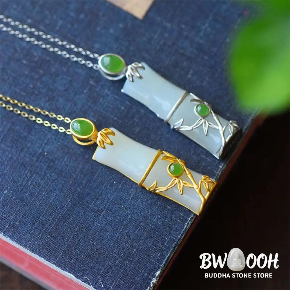 Buddha Stones White Jade Cyan Jade Bamboo Protection Necklace Pendant - BWOOOH - Necklaces &amp; Pendants