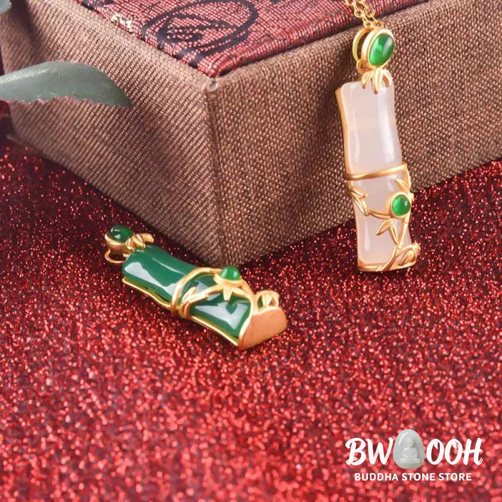 Buddha Stones White Jade Cyan Jade Bamboo Protection Necklace Pendant - BWOOOH - Necklaces &amp; Pendants