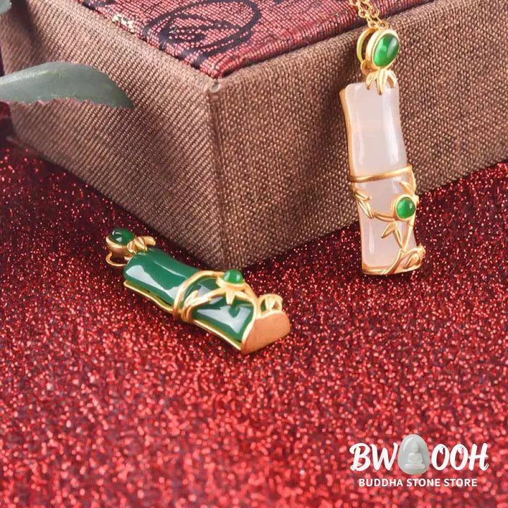 Buddha Stones White Jade Cyan Jade Bamboo Protection Necklace Pendant - BWOOOH - Necklaces &amp; Pendants