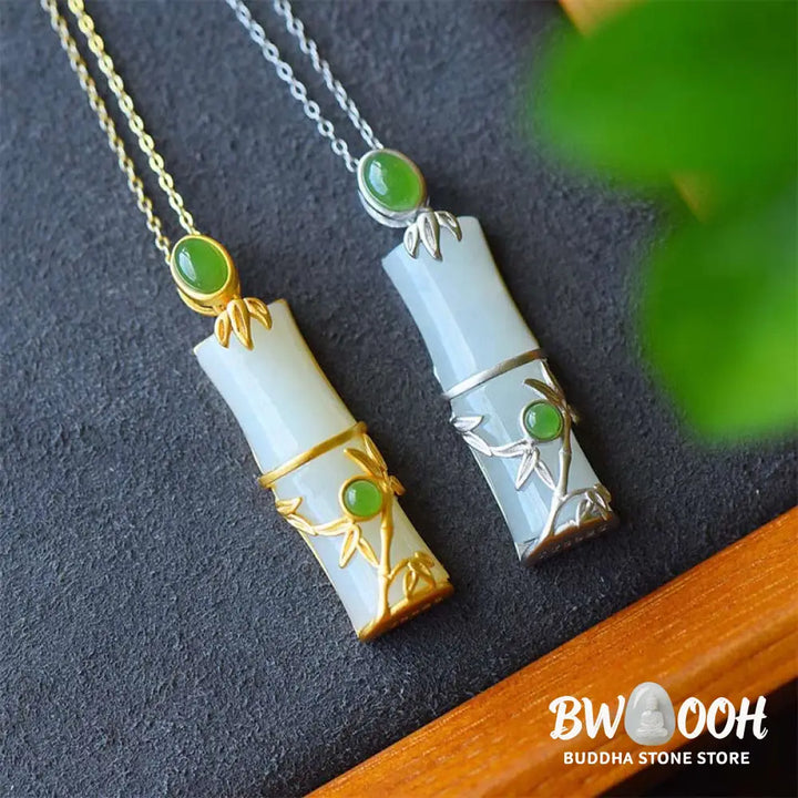 Buddha Stones White Jade Cyan Jade Bamboo Protection Necklace Pendant - BWOOOH - Necklaces &amp; Pendants