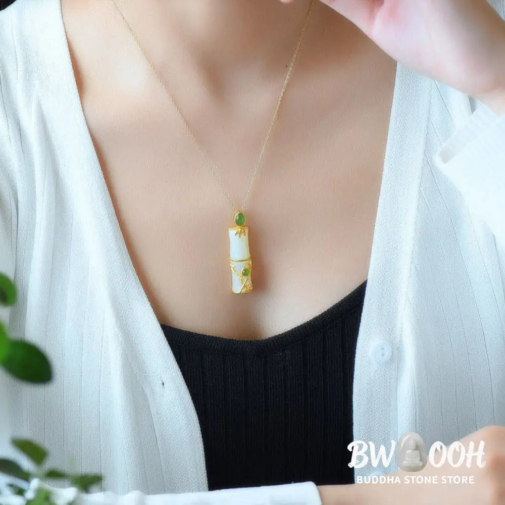 Buddha Stones White Jade Cyan Jade Bamboo Protection Necklace Pendant - BWOOOH - Necklaces &amp; Pendants