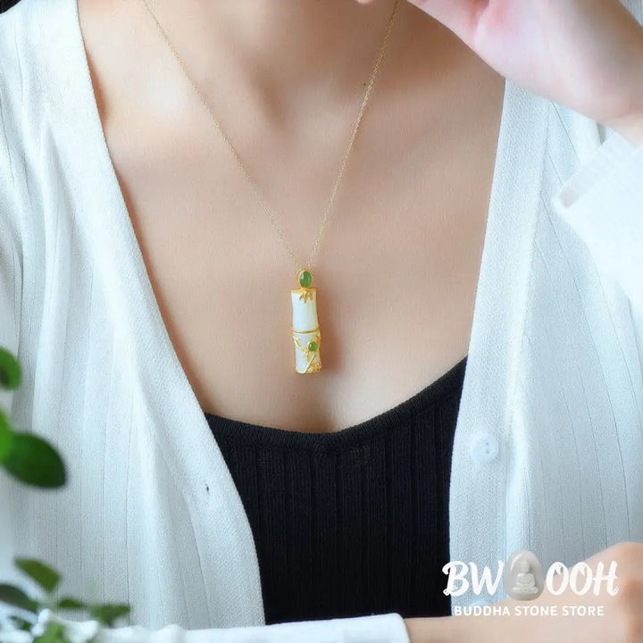 Buddha Stones White Jade Cyan Jade Bamboo Protection Necklace Pendant - BWOOOH - Necklaces &amp; Pendants
