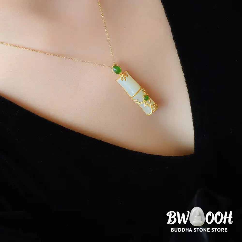 Buddha Stones White Jade Cyan Jade Bamboo Protection Necklace Pendant - BWOOOH - Necklaces &amp; Pendants