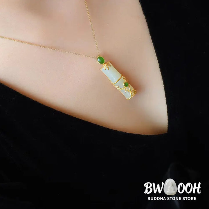 Buddha Stones White Jade Cyan Jade Bamboo Protection Necklace Pendant - BWOOOH - Necklaces &amp; Pendants