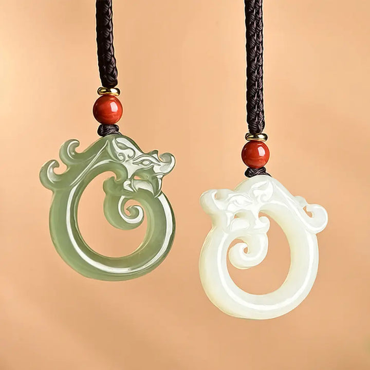 BWOOOH white jade cyan jade dragon protection necklace string pendant