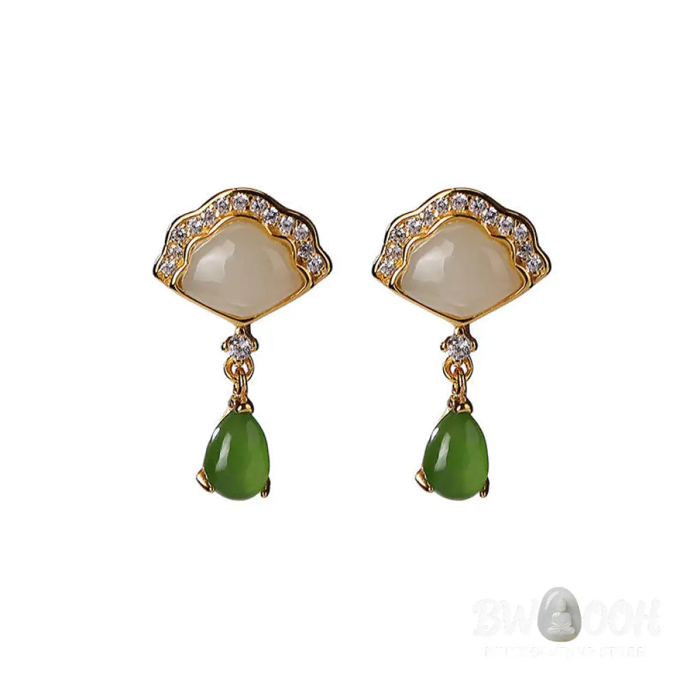 Buddha Stones White Jade Cyan Jade Fan Water Drop Pattern Luck Drop Earrings - White Jade&amp;Cyan Jade - Earrings